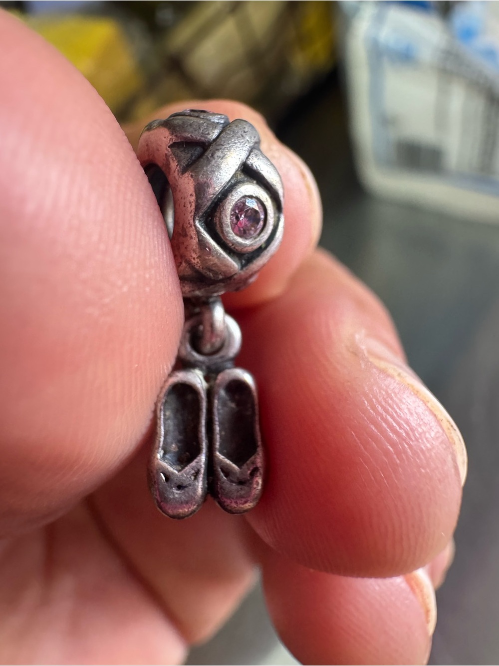 Vintage Silver Ballet Slipper Charm with Pink Stone Accent